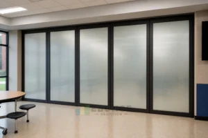 Interface de rail pour salle polyvalente scolaire dans une installation de cloison vitrée mobile