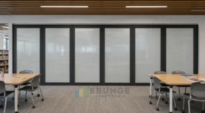 Planification acoustique d'une salle événementielle de bibliothèque publique avec cloisons vitrées mobiles