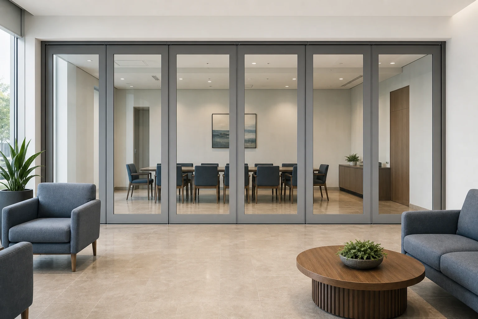 Timber Interior Palettes with Color-Framed Glass Walls — commercial application detail explanatory EBUNGE movable glass wall concept