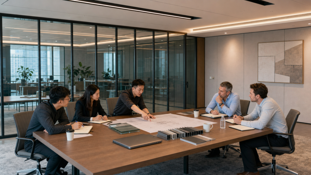 Illustrative EBUNGE project discussion with overseas clients in a meeting room