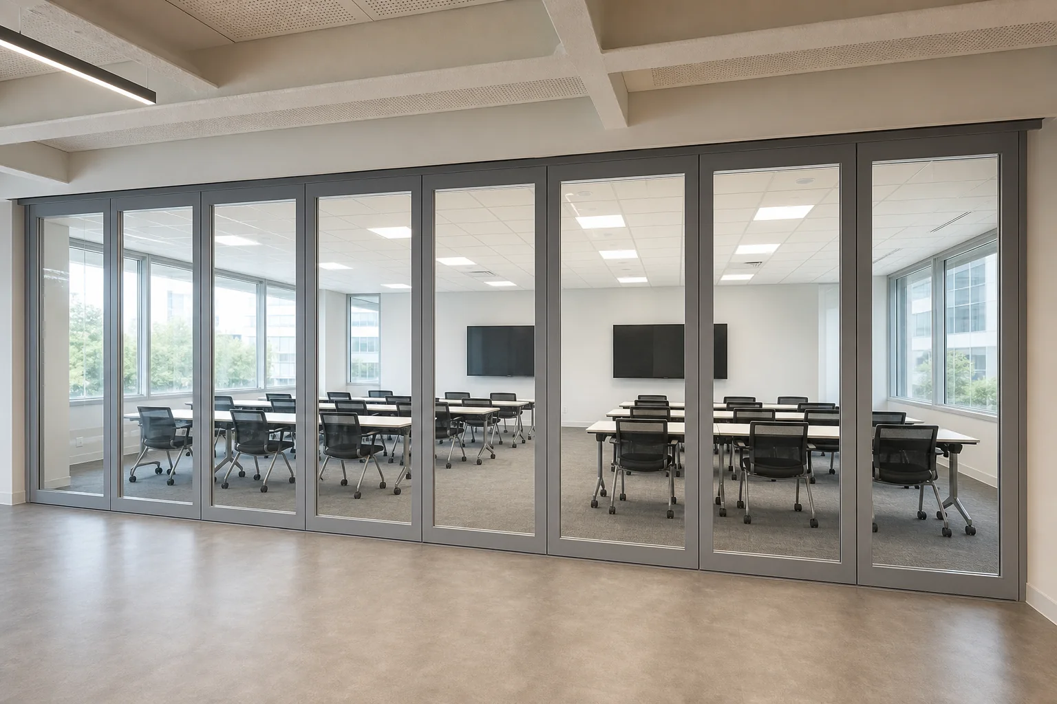 Planification flexible d’une salle de formation avec des cloisons vitrées mobiles — vue explicative de l’application d’ouverture, concept de cloison vitrée mobile EBUNGE