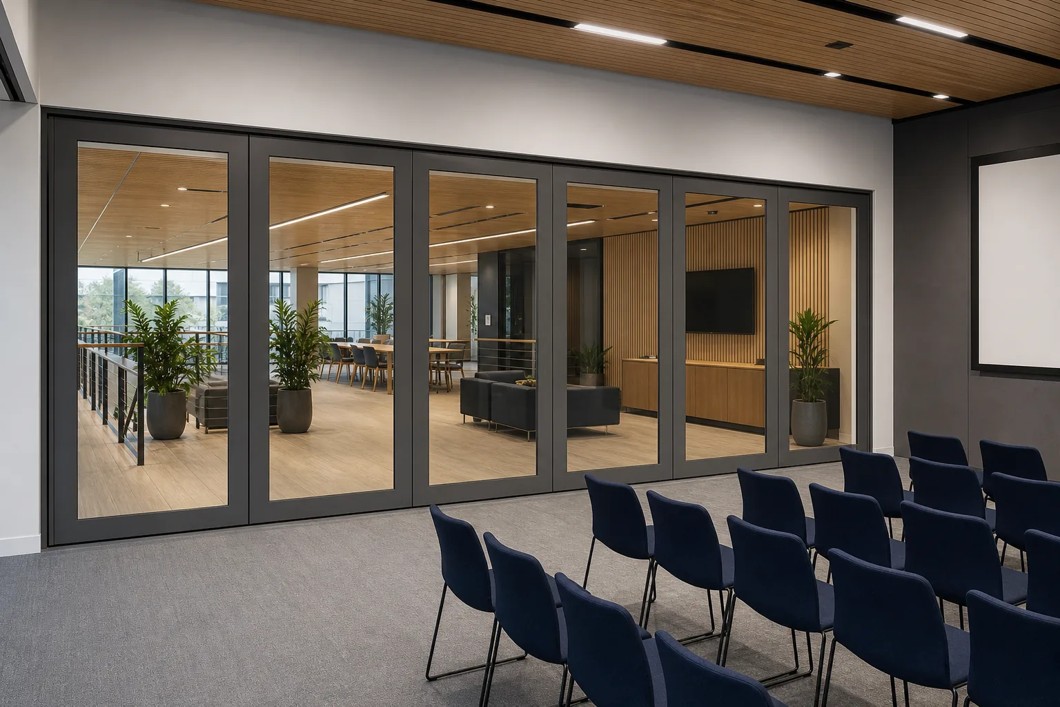 Rythme de plafond d'un centre de services civiques pour intérieurs à cloisons vitrées mobiles — vue d'application d'ouverture, concept explicatif de cloison vitrée mobile EBUNGE