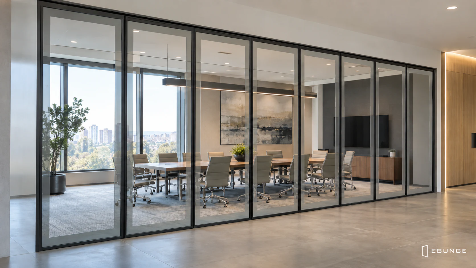 Cloison mobile en verre avec cadre EBUNGE délimitant une salle de réunion moderne